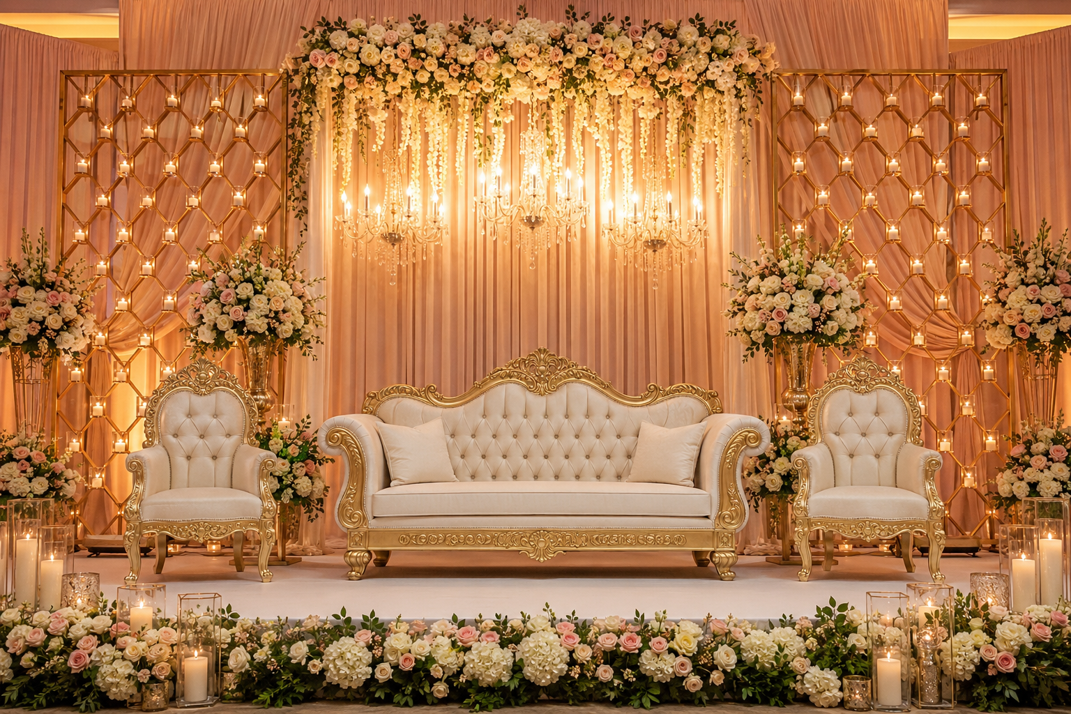 Luxury floral wedding stage with sofa and chandelier lighting